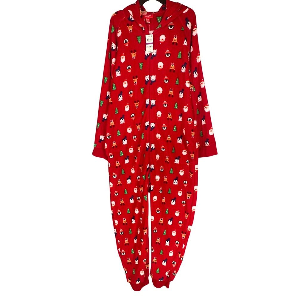 Family PJs Hooded Fleece Union Suit Men XXL Red NWT Santa Penguin Reindeer